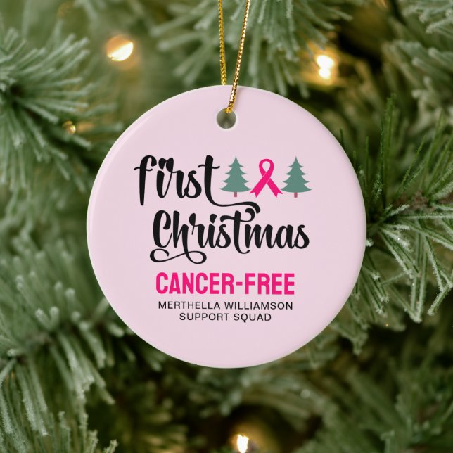 Custom FIRST CHRISTMAS Breast Cancer Free  Ceramic Ornament (Tree)