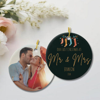 Custom First Christmas Couples' Photo Ceramic Ornament