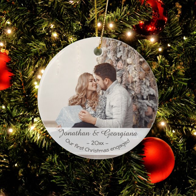 Custom first Christmas engaged 2025 photo holiday Ceramic Ornament (Creator Uploaded)