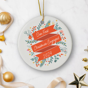 Custom First Christmas Engaged Festive Red 2024 Ceramic Ornament