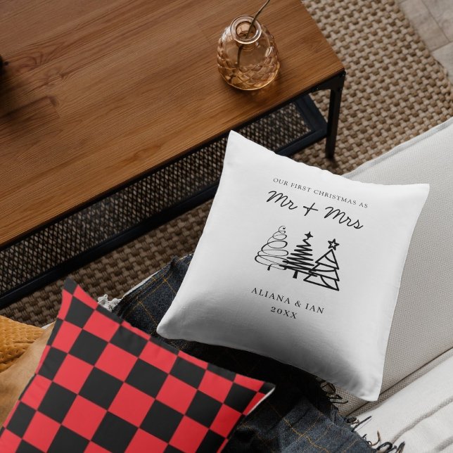 Custom First Christmas Married Checkered pattern Throw Pillow (Creator Uploaded)