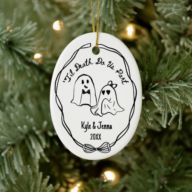 Custom First Christmas Married Spooky Ghost Doodle Ceramic Ornament (Tree)