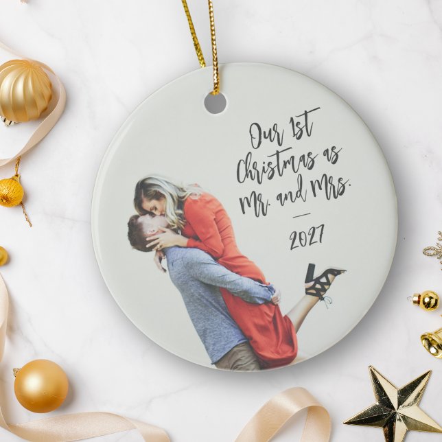 Custom First Christmas Mr and Mrs Photo Overlay Ceramic Ornament (Creator Uploaded)
