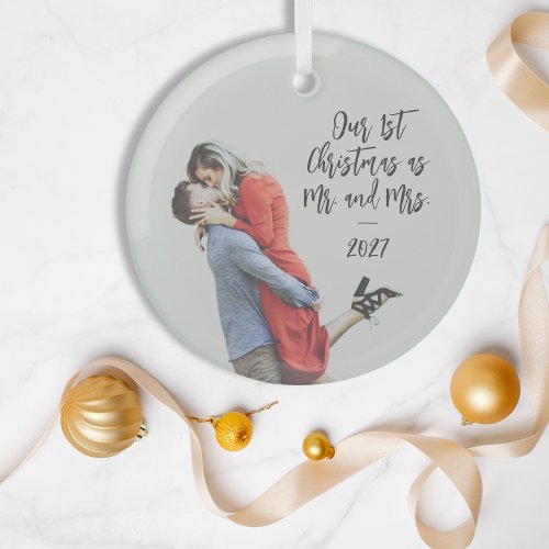 Custom First Christmas Mr and Mrs Photo Overlay Glass Ornament