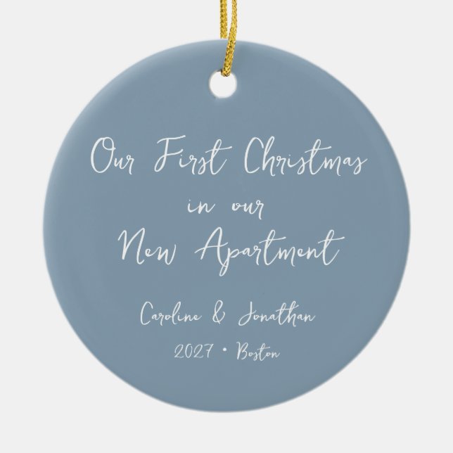 Custom First Christmas New Apartment Blue Photo Ceramic Ornament (Front)