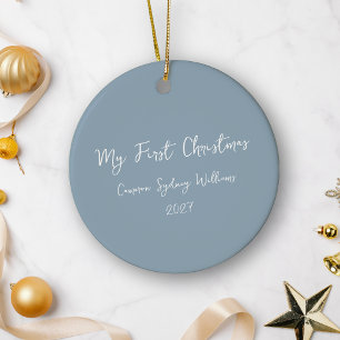 Custom First Christmas Script Baby Photo Blue Ceramic Ornament