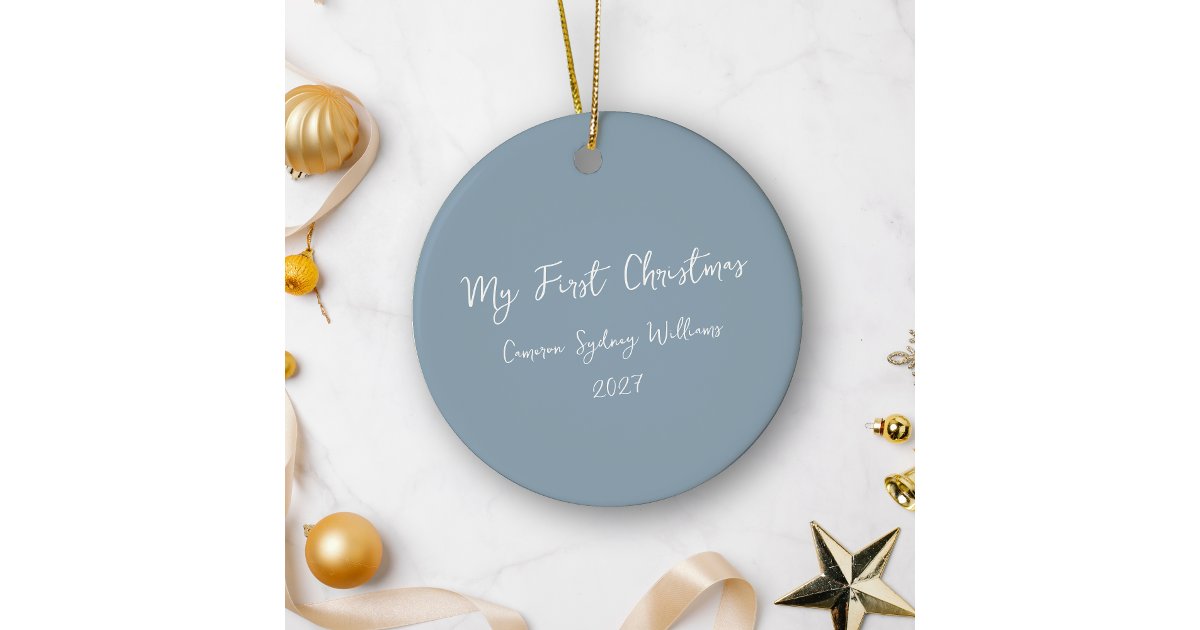 First Christmas Script Custom First Christmas Script Baby Photo Blue Ceramic Ornament | Zazzle