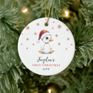 Custom First Christmas Watercolor Baby Goose Duck Ceramic Ornament