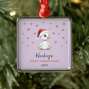 Custom First Christmas Watercolor Baby Goose Duck Metal Ornament