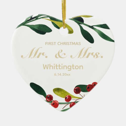 Custom First Christmas Wedding Marriage Gold Green Ceramic Ornament