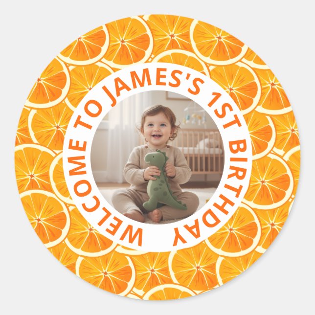 Custom First Citrus Birthday Photo Classic Round Sticker (Front)