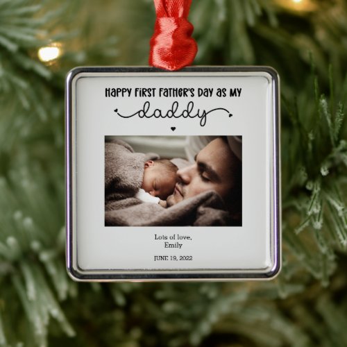 Custom First Fathers Day Cute Minimalist Photo Metal Ornament
