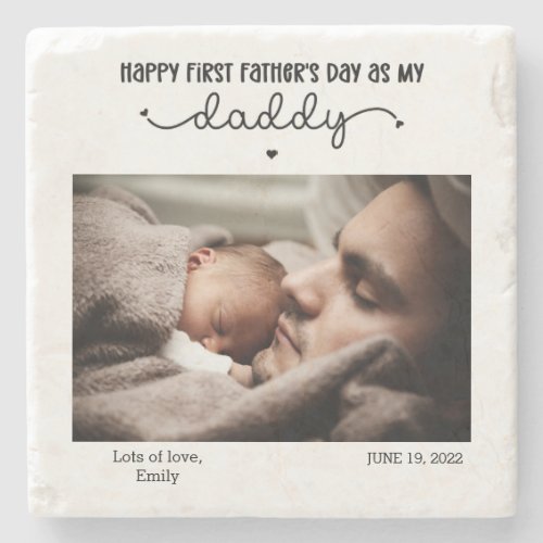 Custom First Fathers Day Cute Minimalist Photo Stone Coaster