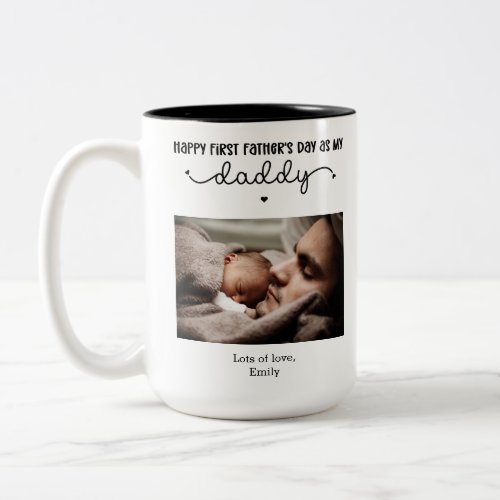 Custom First Fathers Day Cute Minimalist Photo Two_Tone Coffee Mug