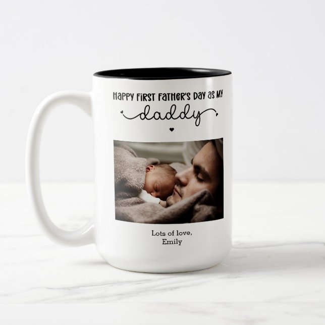 Custom First Father's Day Cute Minimalist Photo Two-Tone Coffee Mug (Left)