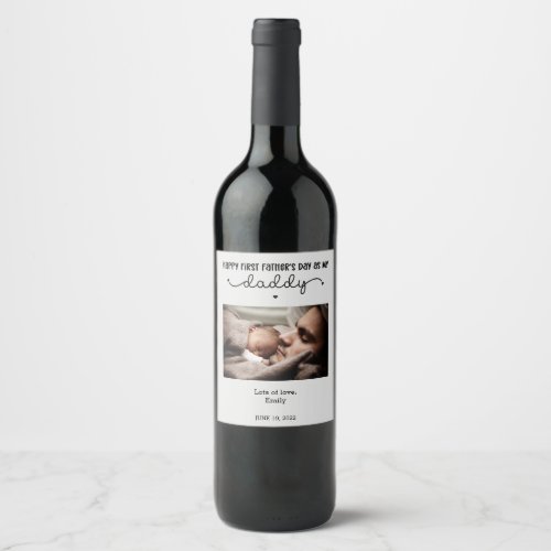 Custom First Fathers Day Cute Minimalist Photo Wine Label