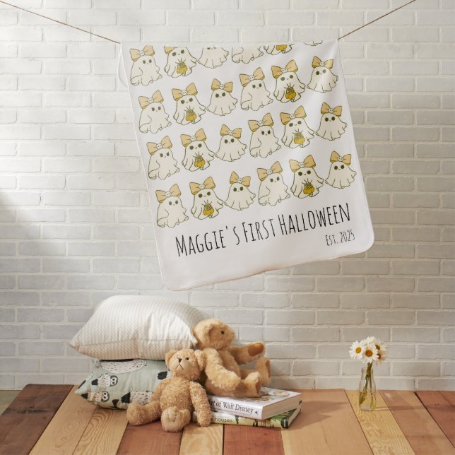 Custom First Halloween Scary Fun Ghost Pattern Baby Blanket (In Situ)