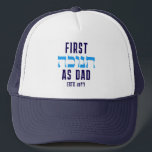 Custom FIRST HANUKKAH AS DAD Matching  Trucker Hat<br><div class="desc">FIRST HANUKKAH AS DAD Trucker Hat with CUSTOMIZABLE TEXT. Hanukkah is written in Hebrew. You can CUSTOMIZE the 'AS DAD' (eg. replaced with MOM, perhaps?) and PERSONALIZE with your baby name and/or year. A beautiful milestone souvenir Trucker Hat for new dad celebrating his first 'paternal' Hanukkah. Matching sweatshirt and Mom...</div>