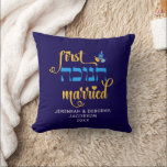 Custom FIRST HANUKKAH MARRIED Hebrew Throw Pillow<br><div class="desc">Cute FIRST HANUKKAH MARRIED Throw Pillow with CUSTOMIZABLE NAMES & YEAR. Hanukkah is written in Hebrew. Design shows Hanukkah blue handwriting script typography with blue and yellow dreidel. A beautiful souvenir for couples celebrating their first married Hanukkah. Design is repeated on the back. English version available separately.</div>