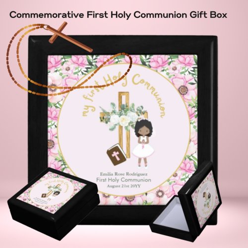 Custom First Holy Communion Brown Black Hair Girl Gift Box