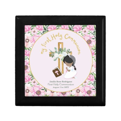 Custom First Holy Communion Brown Black Hair Girl Gift Box