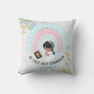 Custom First Holy Communion Cute Black Hair Girl Throw Pillow