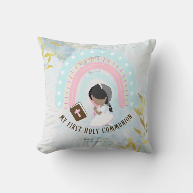 Custom First Holy Communion Cute Black Hair Girl Throw Pillow (Front)