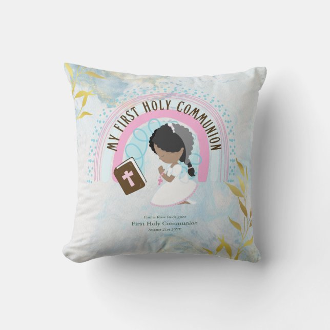Custom First Holy Communion Cute Black Hair Girl Throw Pillow (Front)