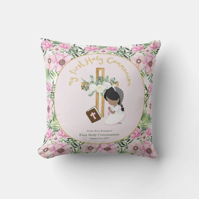 Custom First Holy Communion Cute Black Hair Girl Throw Pillow (Front)