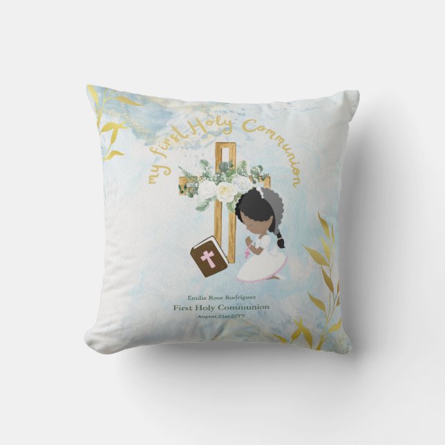 Custom First Holy Communion Cute Black Hair Girl Throw Pillow (Front)