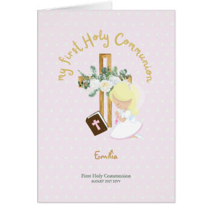 Custom First Holy Communion Cute Blonde Hair Girl Cards