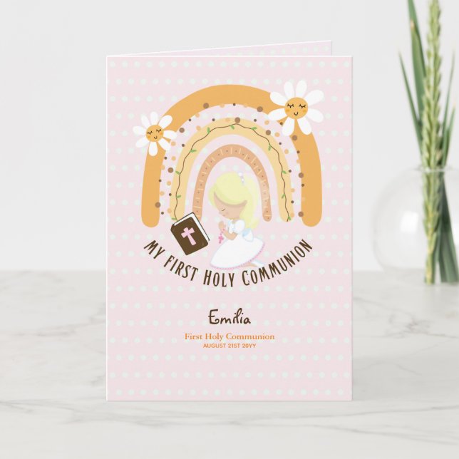 Custom First Holy Communion Cute Blonde Hair Girl  Thank You Card (Front)