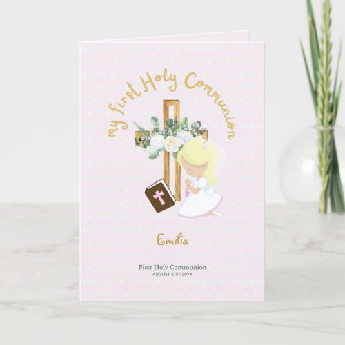 Custom First Holy Communion Cute Blonde Hair Girl Thank You Card