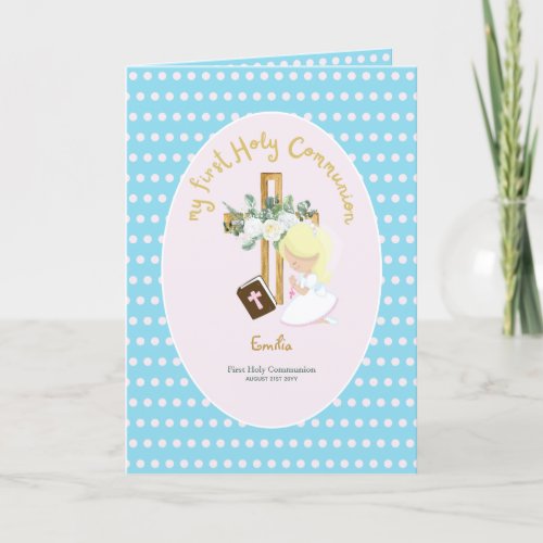 Custom First Holy Communion Cute Blonde Hair Girl  Thank You Card