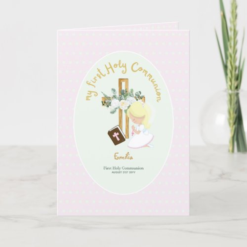 Custom First Holy Communion Cute Blonde Hair Girl  Thank You Card