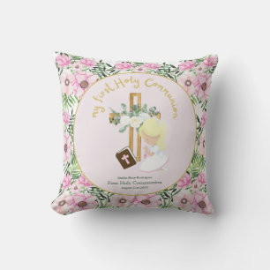 Custom First Holy Communion Cute Blonde Hair Girl Throw Pillow