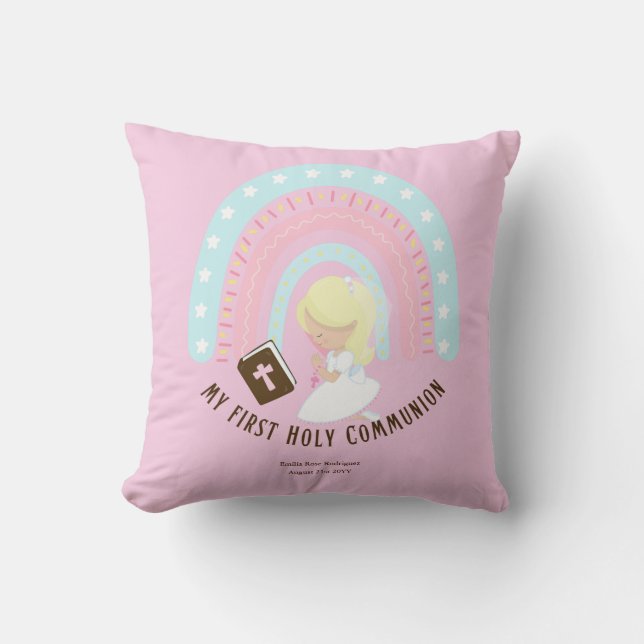 Custom First Holy Communion Cute Blonde Hair Girl Throw Pillow (Front)