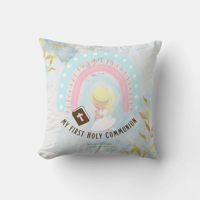 Custom First Holy Communion Cute Blonde Hair Girl Throw Pillow (Front)