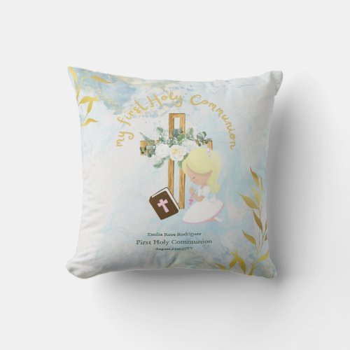 Custom First Holy Communion Cute Blonde Hair Girl Throw Pillow