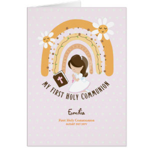 Custom First Holy Communion Cute Brown Hair Girl Cards