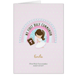 Custom First Holy Communion Cute Brown Hair Girl T Cards