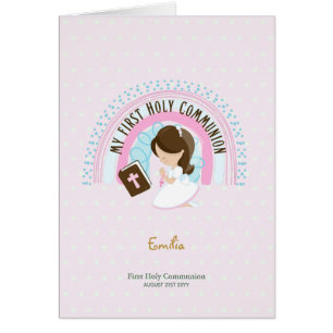 Custom First Holy Communion Cute Brown Hair Girl T Cards