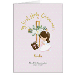 Custom First Holy Communion Cute Brown Hair Girl T Cards