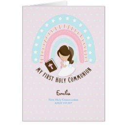 Custom First Holy Communion Cute Brown Hair Girl T Cards