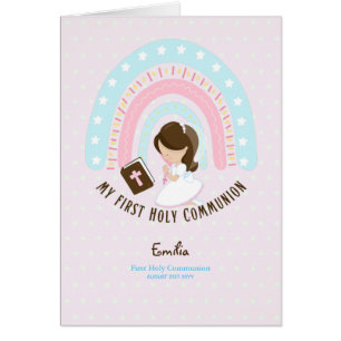 Custom First Holy Communion Cute Brown Hair Girl T Cards