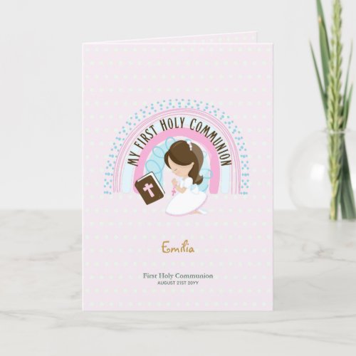 Custom First Holy Communion Cute Brown Hair Girl T Thank You Card