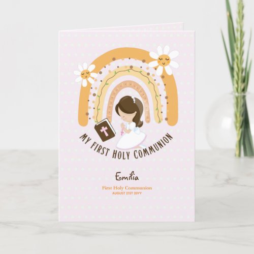 Custom First Holy Communion Cute Brown Hair Girl T Thank You Card