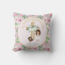 Custom First Holy Communion Cute Brown Hair Girl Throw Pillow