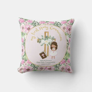 Custom First Holy Communion Cute Brown Hair Girl Throw Pillow
