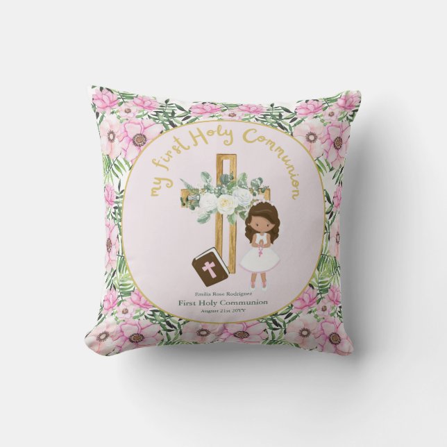 Custom First Holy Communion Cute Brown Hair Girl Throw Pillow (Front)